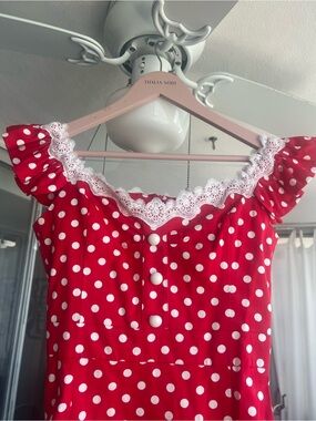 Malina Red Polka Dot Lace-Trim Off-Shoulder Dress